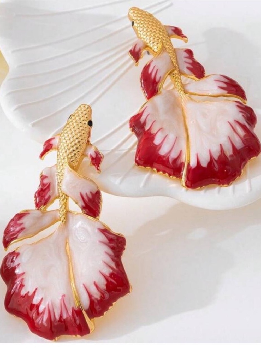 Koi Fish Statement Earrings Red White Enamel Gold Dangle Bold Artistic
